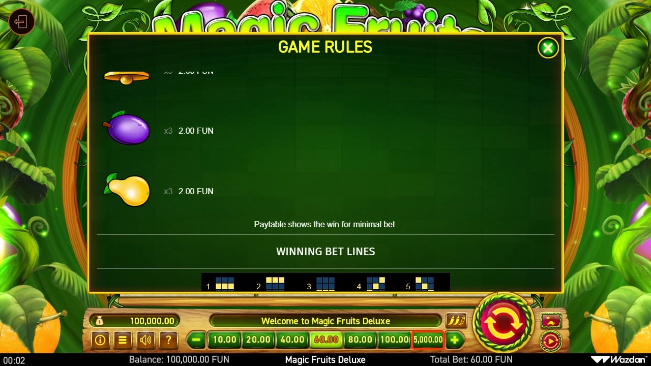 Magic Fruits Deluxe lower paytable and five winning lines