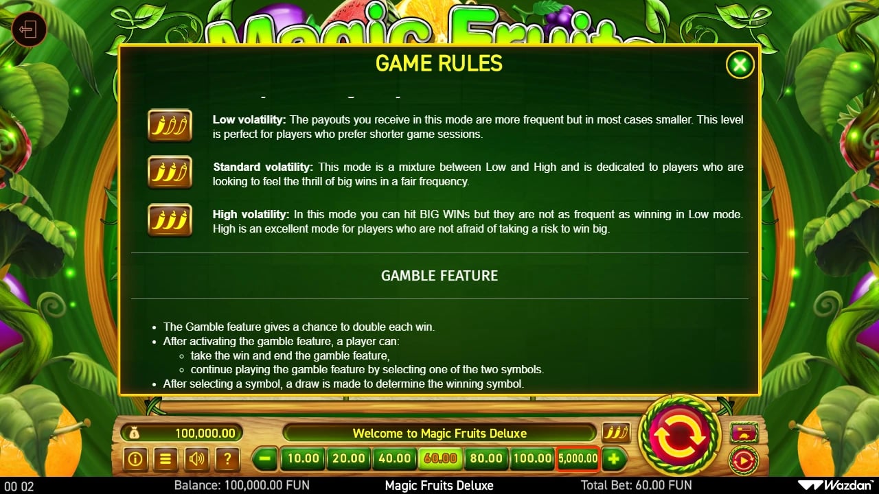 Magic Fruits Deluxe Low Standard High profiles and Gamble rules