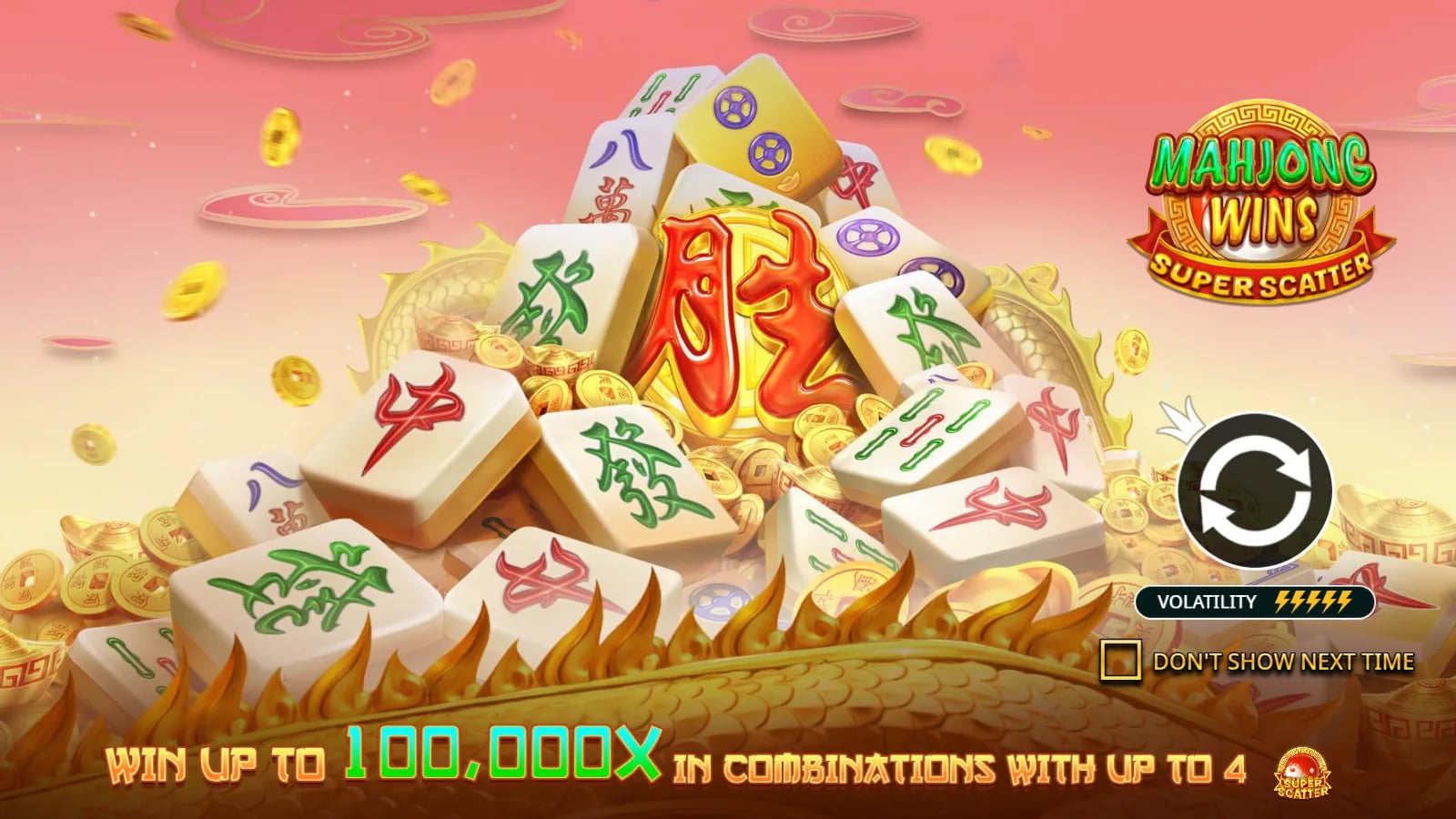Mahjong Wins Super Scatter introductory artwork with mahjong tiles, logo and a 100,000× claim.