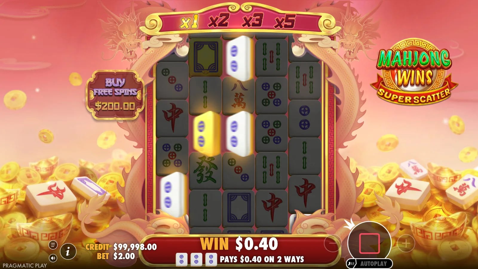 Mahjong Wins Super Scatter base-game tumble in motion with the 5×5 grid, x1 trail and $0.40 win.