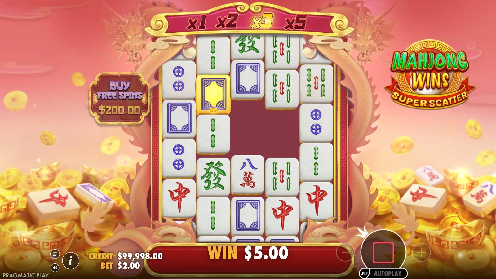 Mahjong Wins Super Scatter base-game tumble with a partly cleared grid, x3 trail and $5.00 win meter.