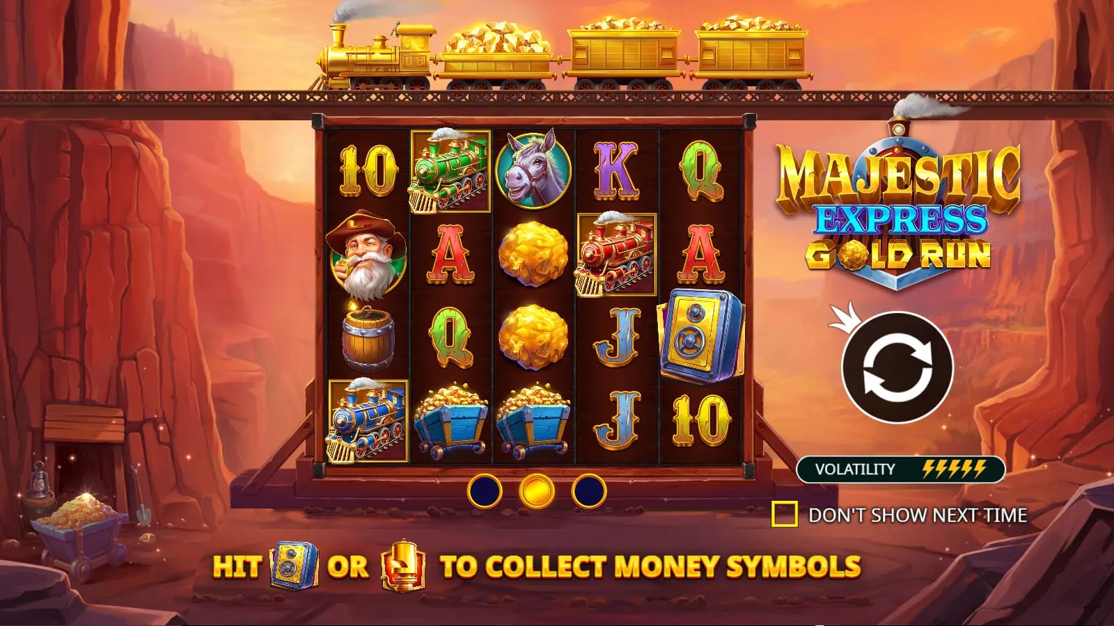 Majestic Express Gold Run demo tutorial over the reels with a gold train and collector prompt.