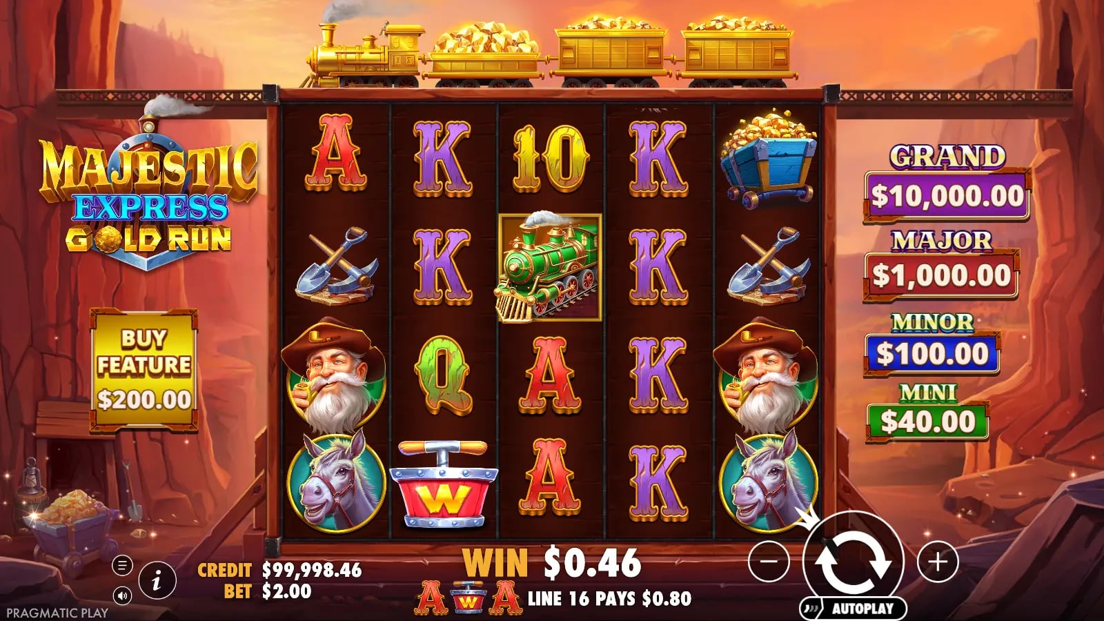 Majestic Express Gold Run ordinary reels with line-win display, jackpots and virtual bet controls.