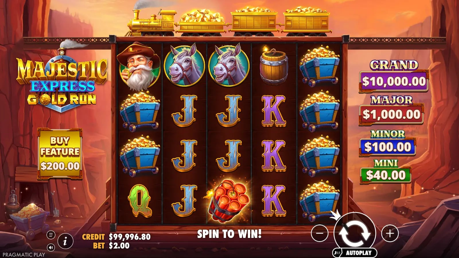 Majestic Express Gold Run base-game reels with gold carts and one dynamite Scatter.
