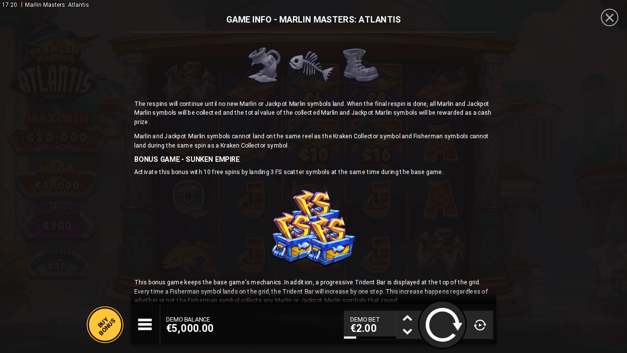 Marlin Masters Atlantis Sunken Empire Help showing three FS Scatter symbols and the ten-spin entry rule.