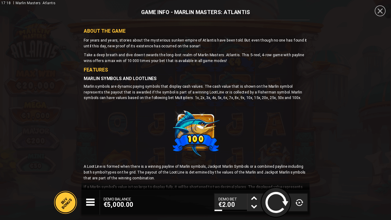 Marlin Masters Atlantis rules showing a cash-valued Marlin and the LootLine payout explanation.