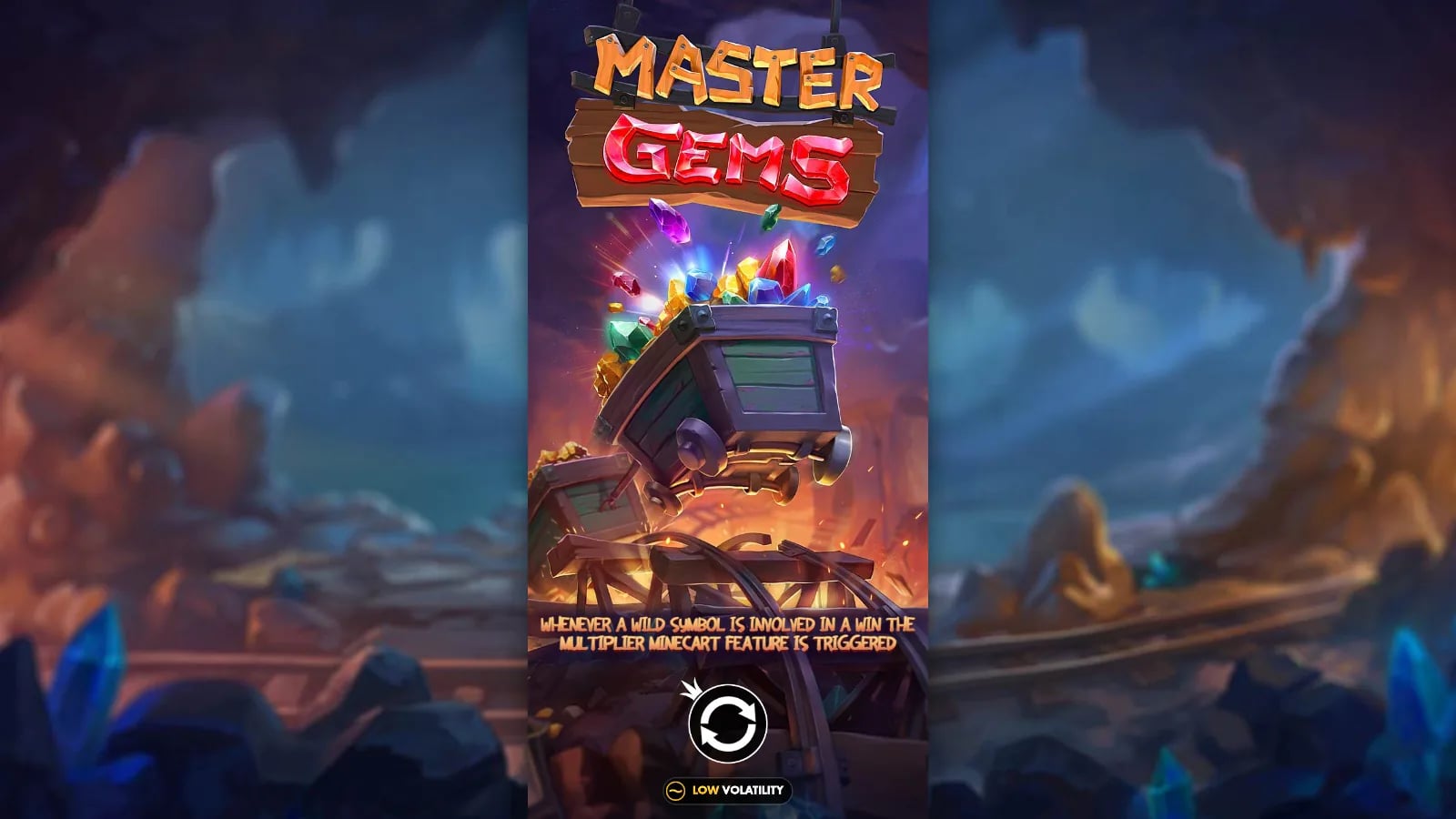 Master Gems official opening card explaining the Wild win multiplier and showing Low Volatility.