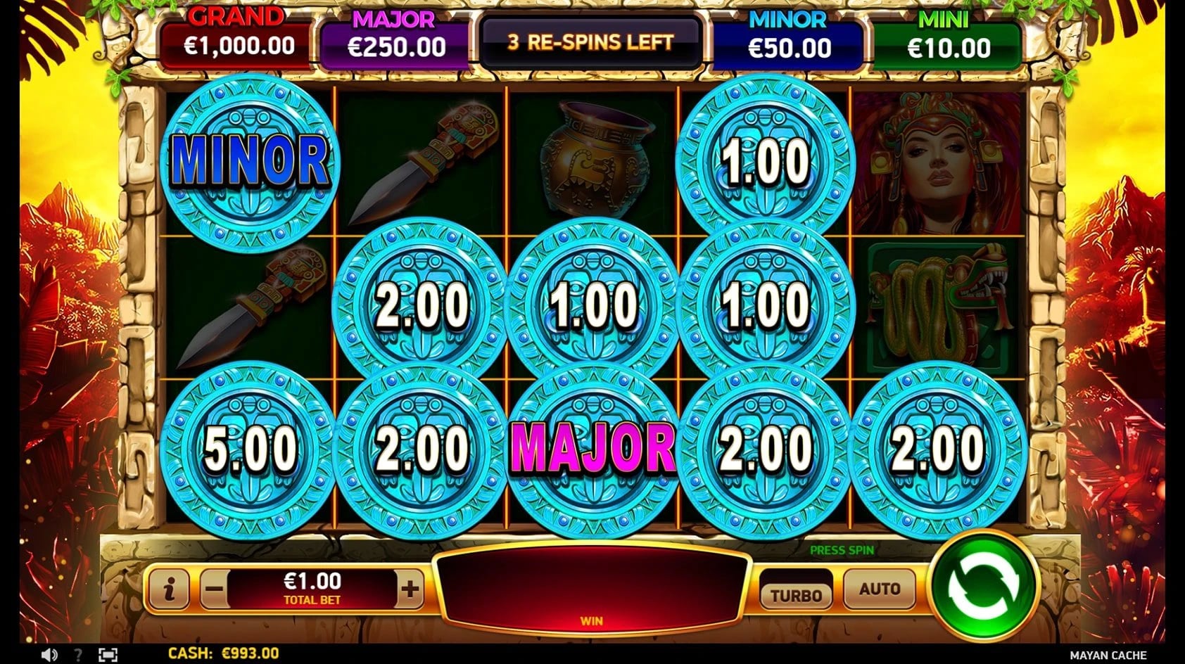 Mayan Cache: Blue coin bonus with a three-respin counter