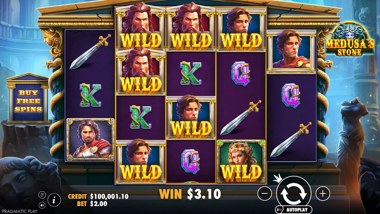 Medusa's Stone ordinary temple board showing portrait Wilds and a $3.10 win at $2 virtual stake.