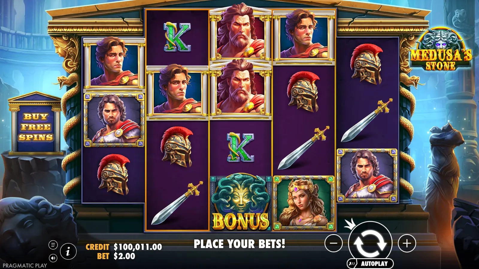 Medusa's Stone later ordinary temple board with one Medusa Bonus symbol and no active feature.