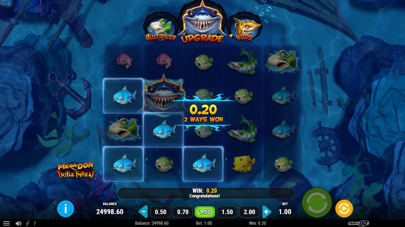Megadon Triple Threat later base board with a 0.20 two-way fish result