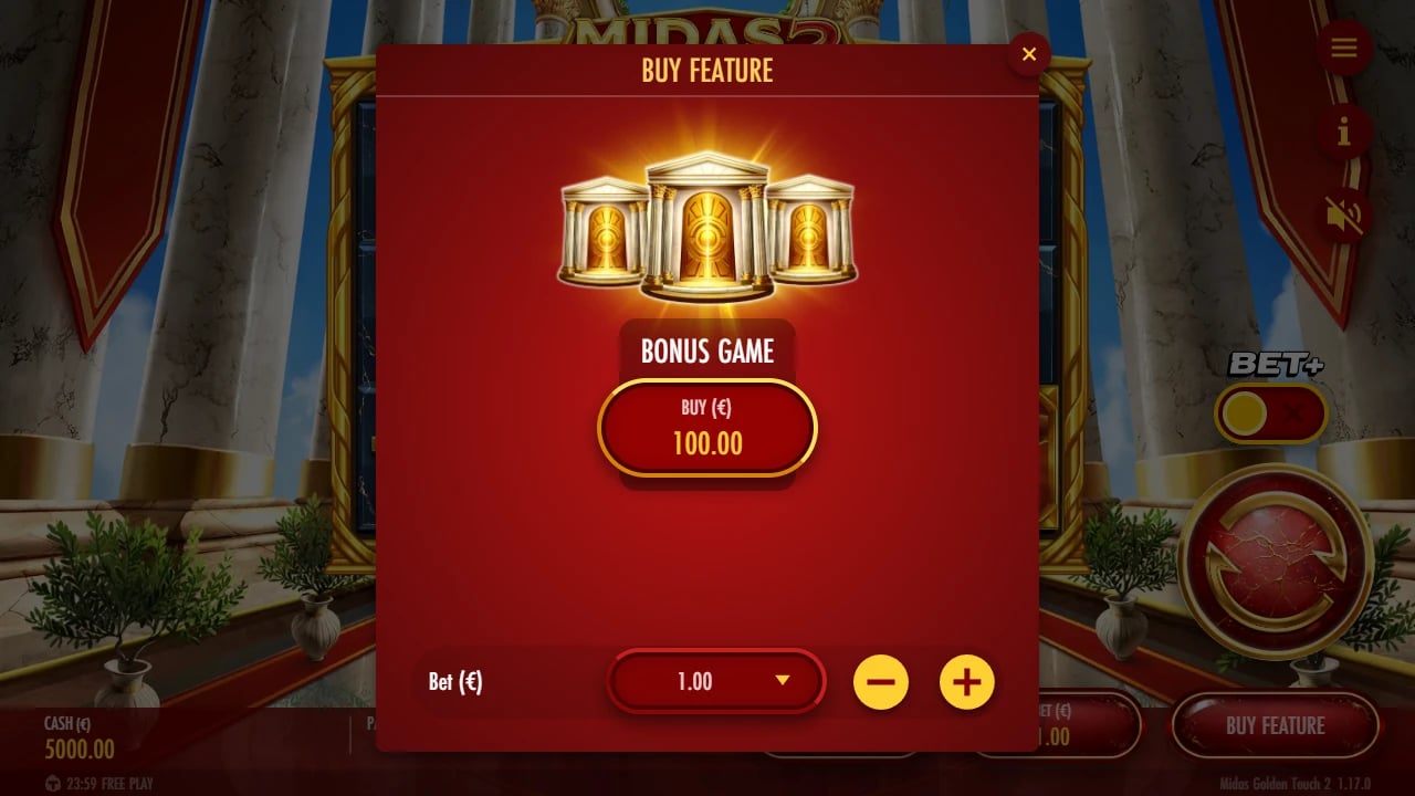 Midas Golden Touch 2 buy panel at a one-euro base bet