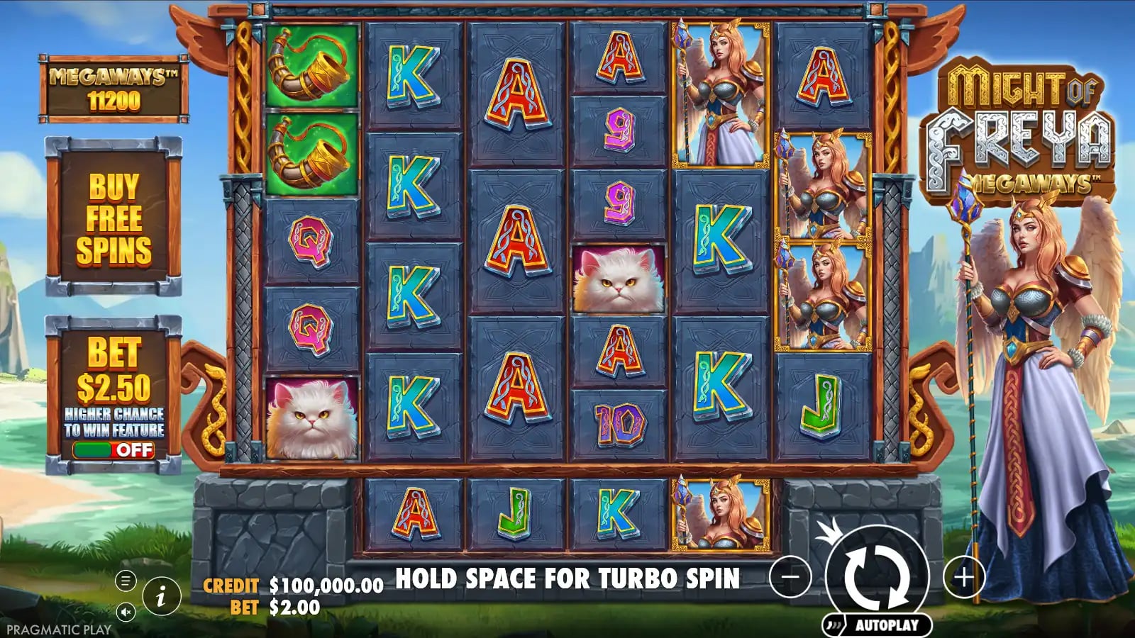 Might Of Freya Megaways base reels with goddess, cats and bottom symbol row