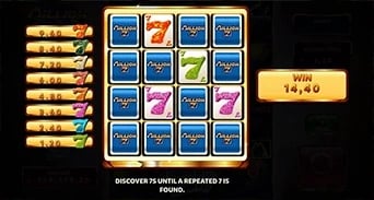 Million 777 Bells: Frenzy 7s card board with a repeated-seven ending instruction