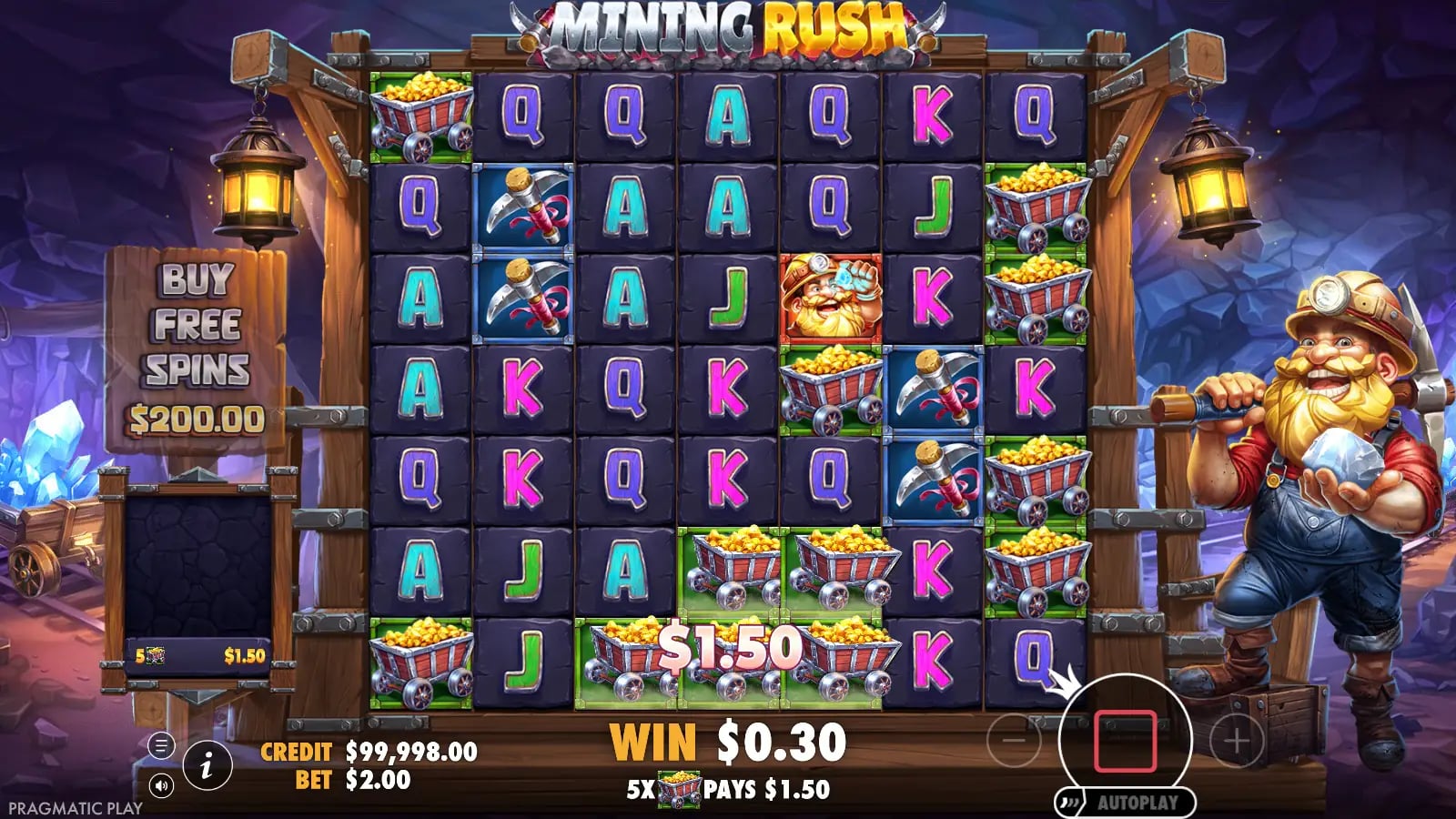 Mining Rush live 7x7 cluster grid with mine levels and controls visible