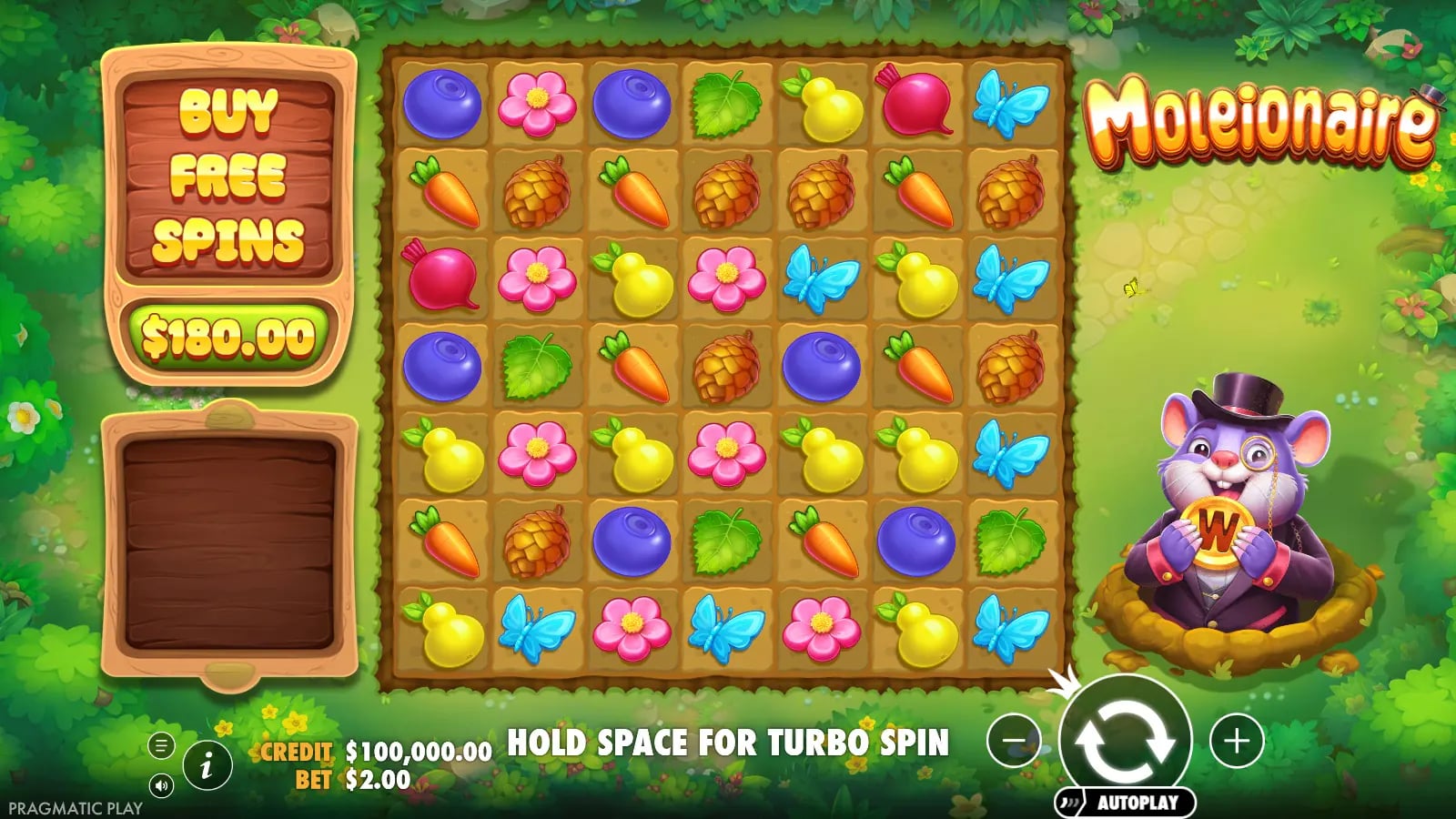 Moleionaire ordinary 7×7 demo board before a $2 virtual spin, with a $180 Buy Free Spins control.
