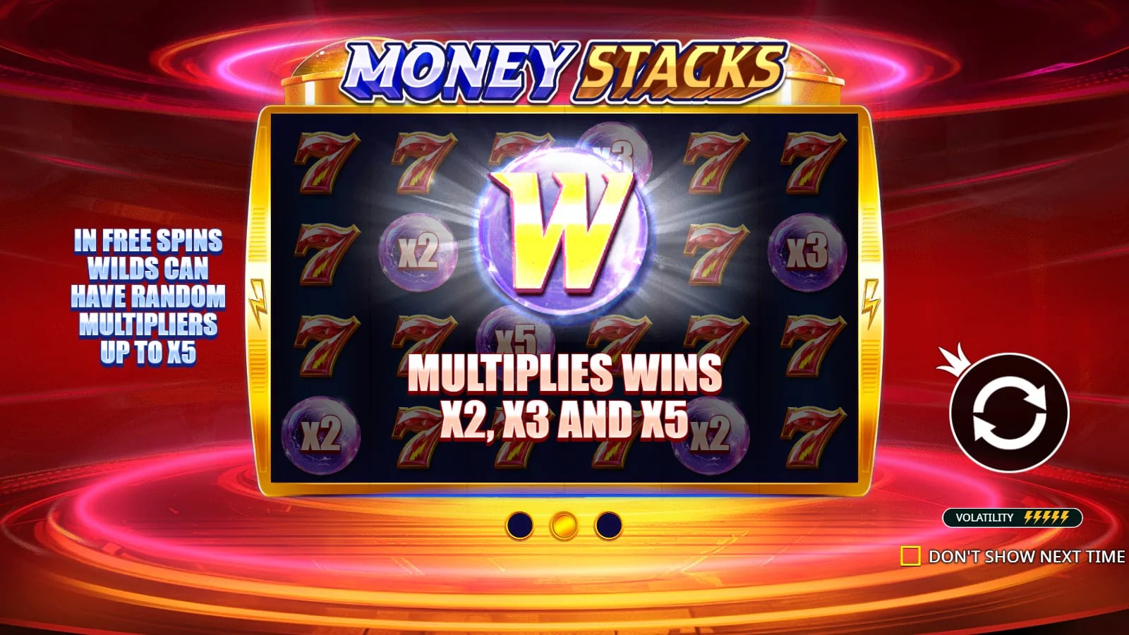 Money Stacks opening explainer with a large Wild and x2, x3 and x5 multiplier examples.