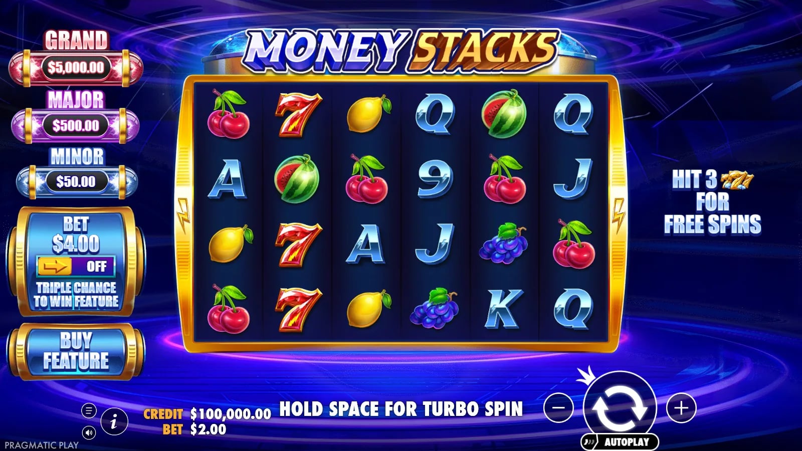 Money Stacks ordinary six-by-four fruit board with Grand, Major and Minor prize labels.