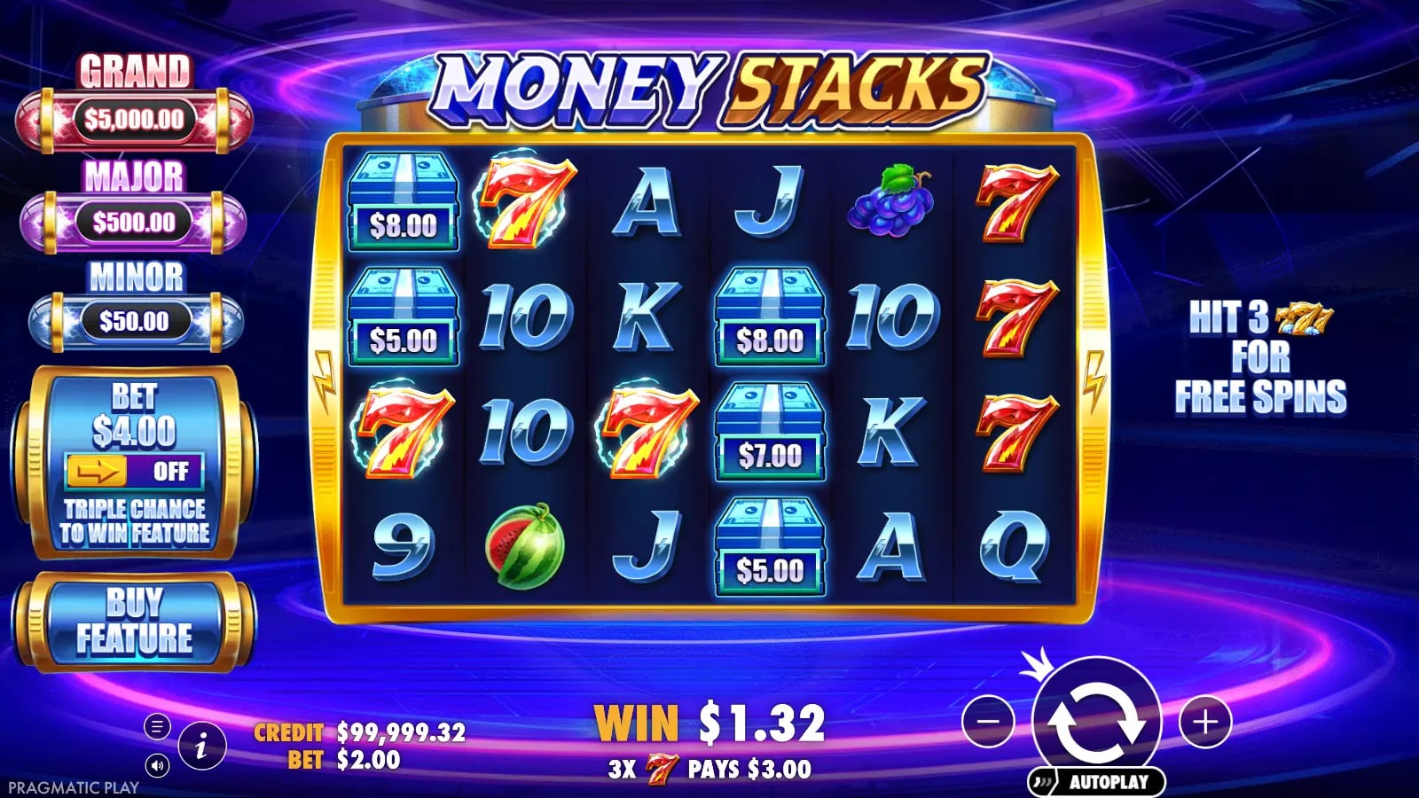 Money Stacks ordinary board with visible $8, $5 and $7 cash symbols but no Strike Collect.