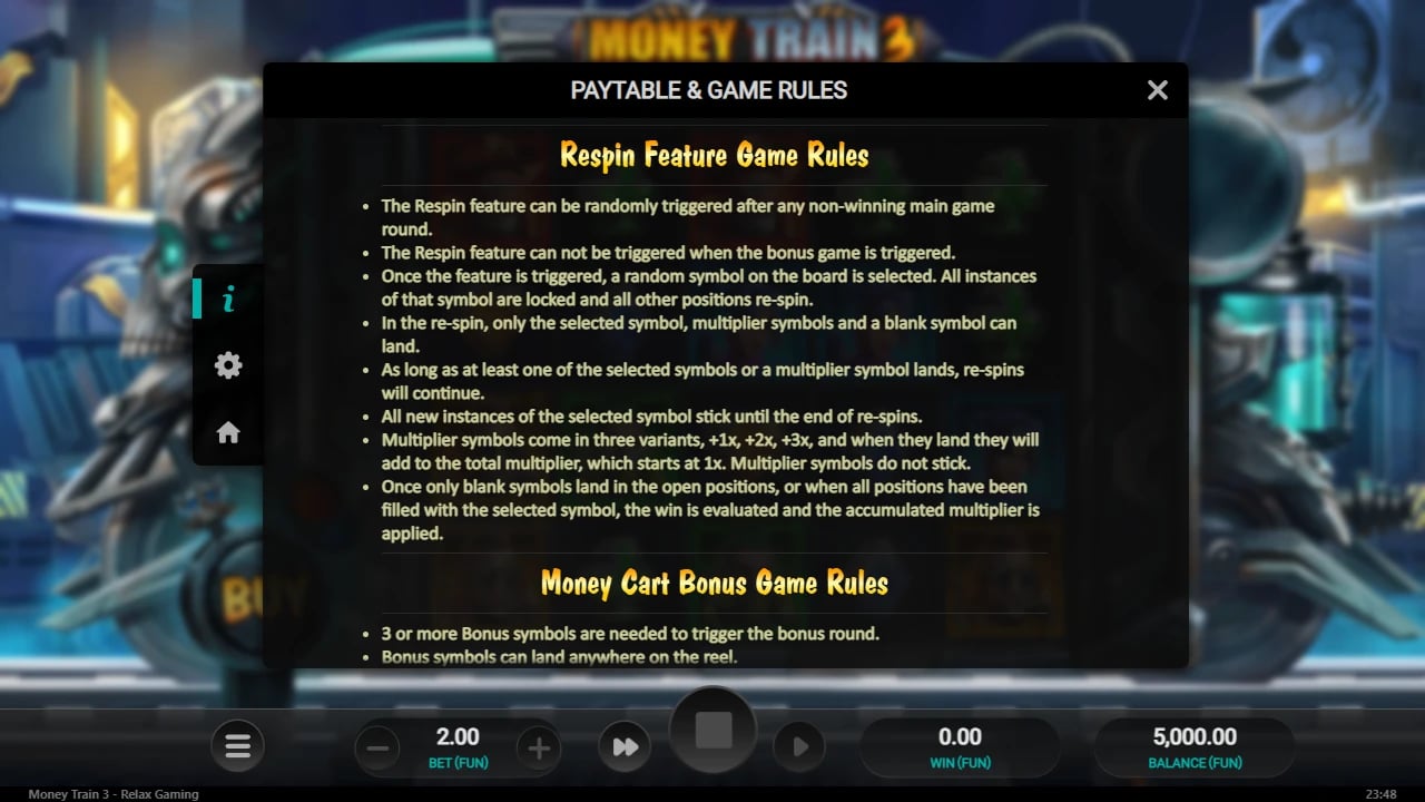 Money Train 3 official rules explaining the random Respin Feature