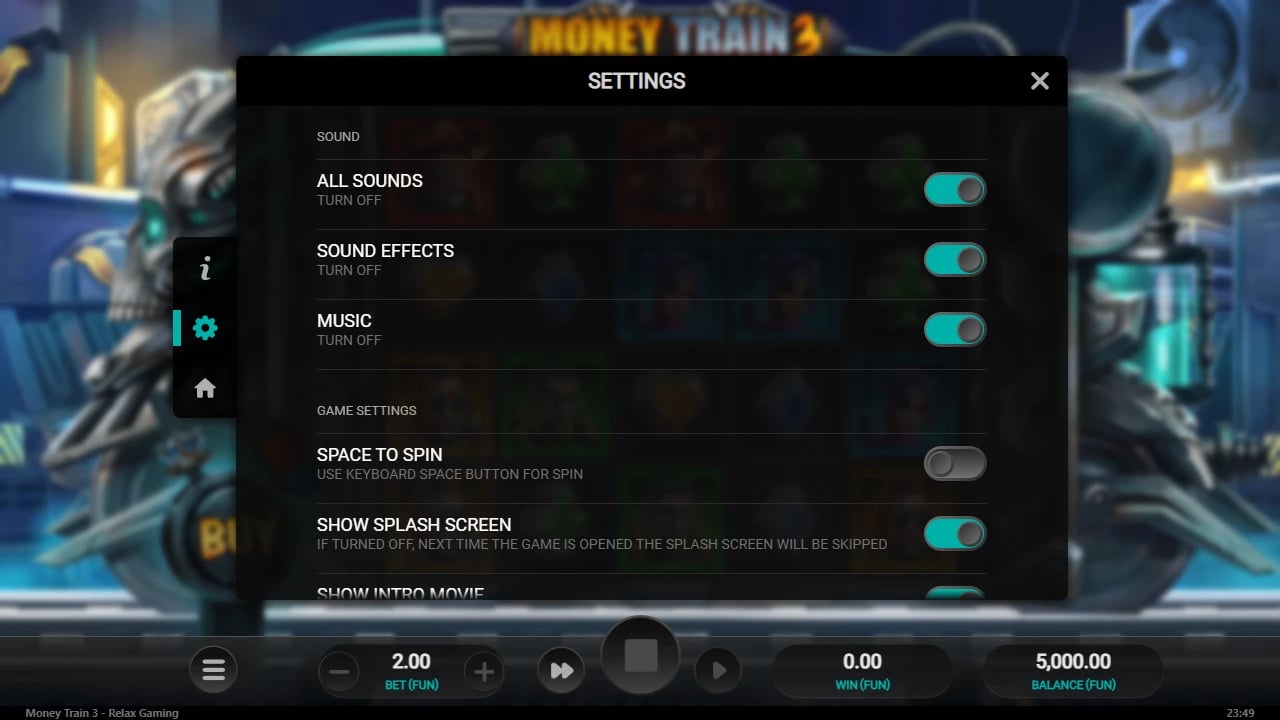 Money Train 3 saved settings panel with sound and space-to-spin controls