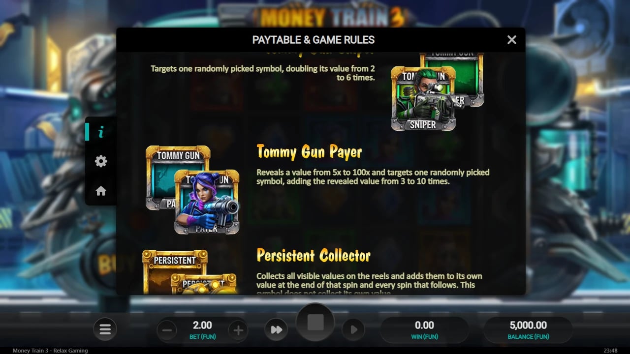 Money Train 3 Info illustrating Tommy Gun Payer and Persistent Collector