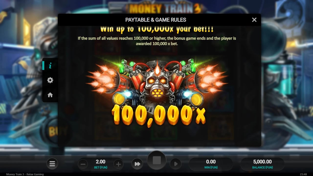 Money Train 3 official rule stating the 100,000 times bet cap