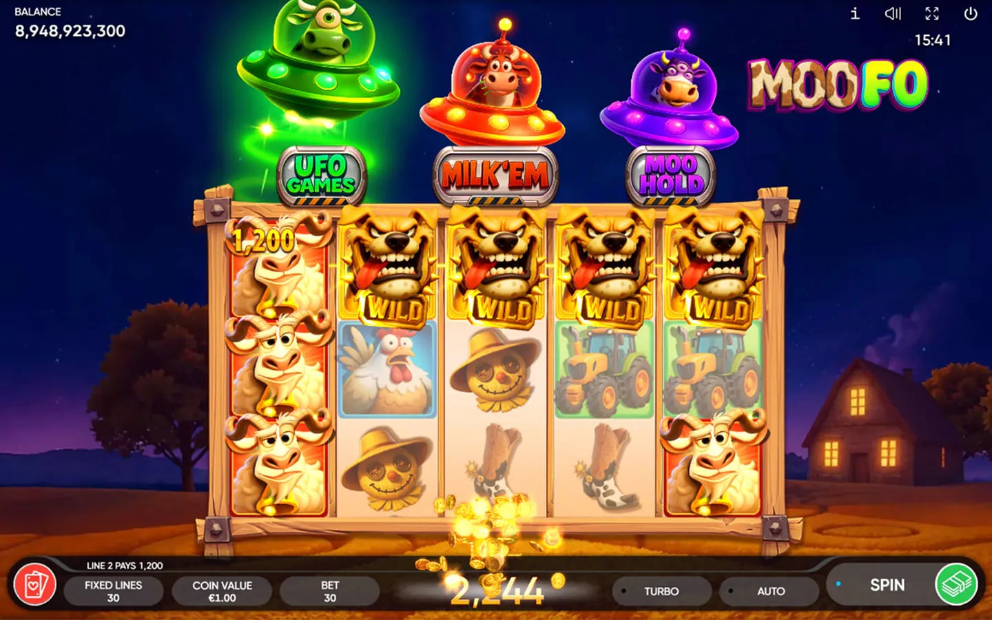 MooFO base game showing 30 fixed paylines, stacked dog Wilds and three feature icons
