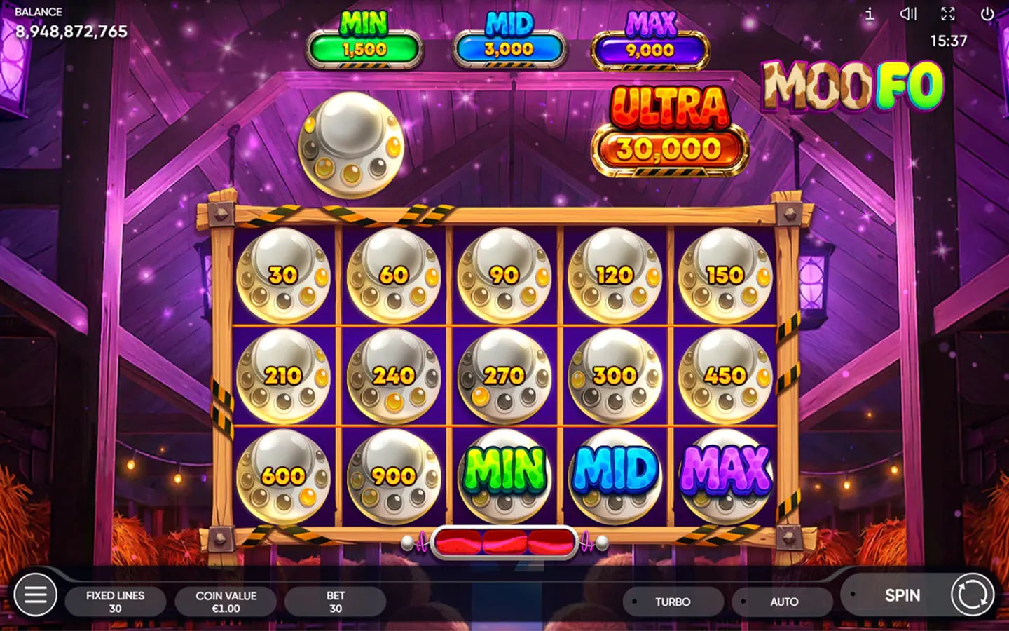 MooFO Moo Hold bonus with coin values and four jackpot tiers on the grid