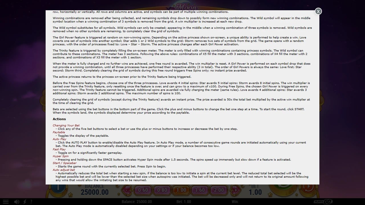 Moon Princess 100 official rules for Free Spins and the Clear the Grid prize