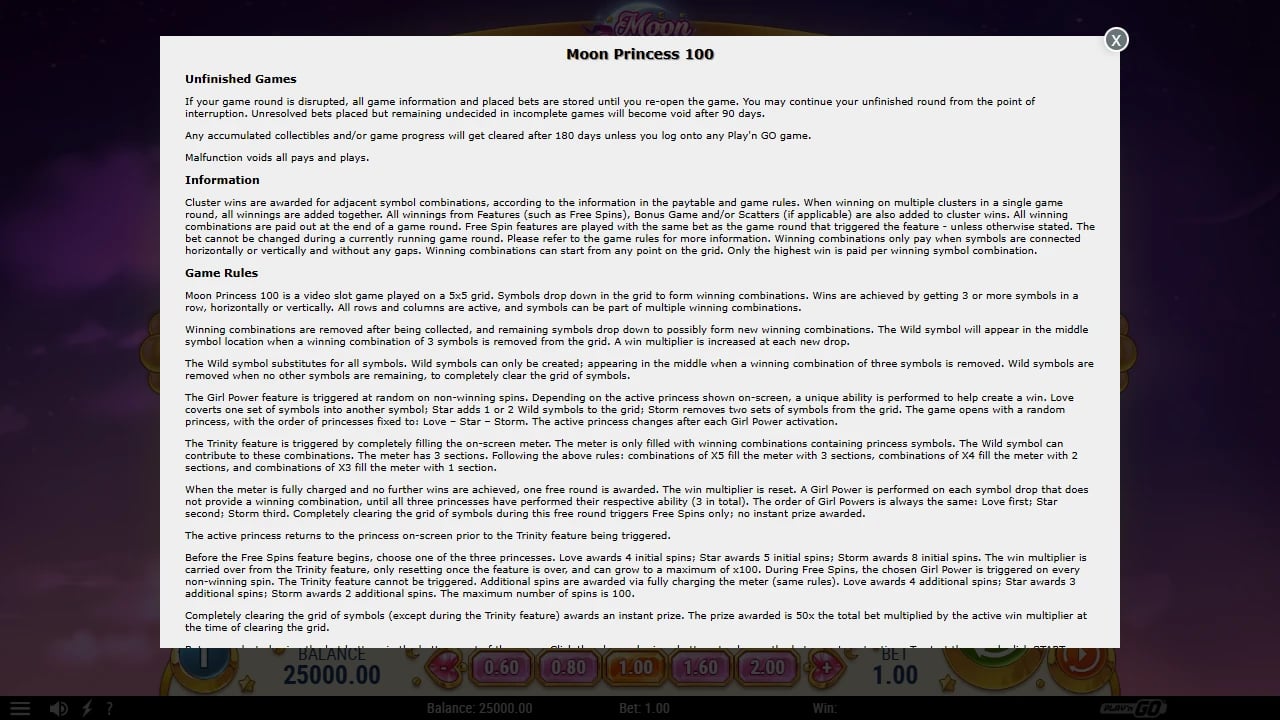 Moon Princess 100 official help explaining winning rows, Wild creation and Trinity