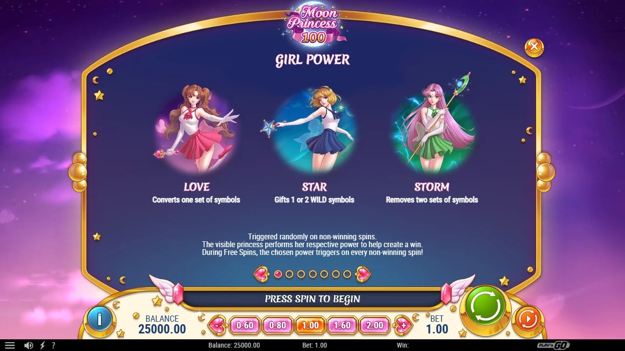 Moon Princess 100 official Girl Power panel showing Love, Star and Storm