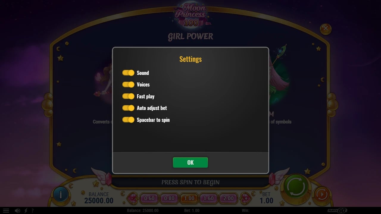 Moon Princess 100 settings with sound, voices, fast play and auto-adjust-bet toggles