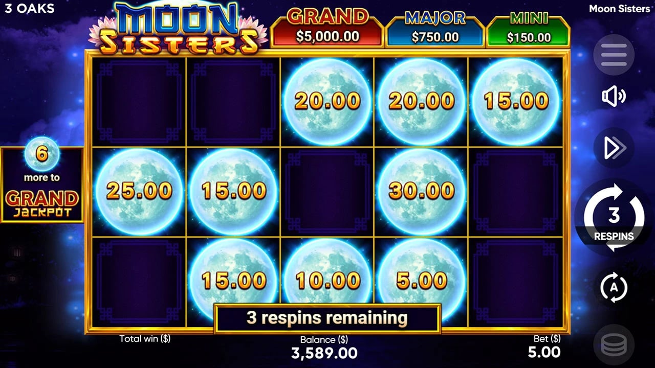 Moon Sisters: Part-filled Moon bonus with a three-respin counter