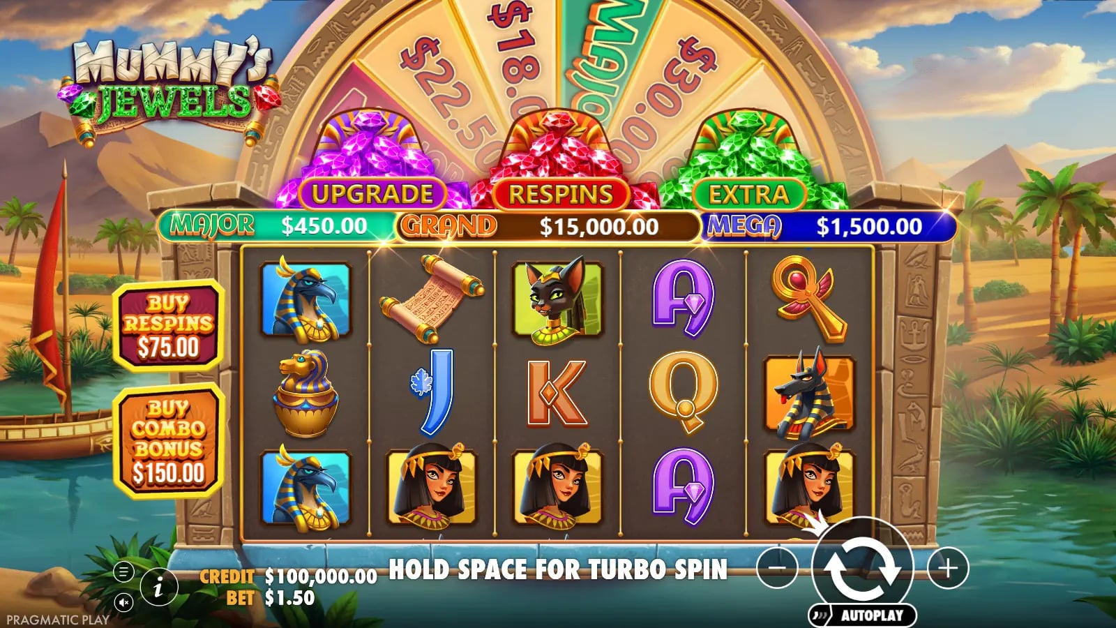 Mummy’s Jewels base-game reels beneath the prize wheel and three coloured modifier meters.