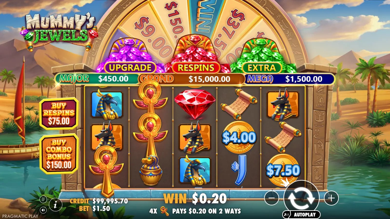 Mummy’s Jewels base-game result with two Money values and a virtual $0.20 ways win.