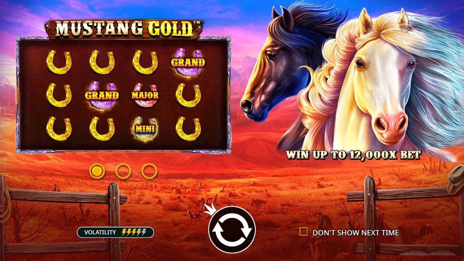 Mustang Gold instructional splash with two horses, a sample jackpot reveal board and 12,000x headline.