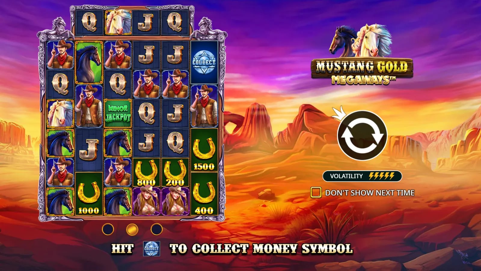 Mustang Gold Megaways instructional six-reel board with Collect, money horseshoes and Minor Jackpot tile.