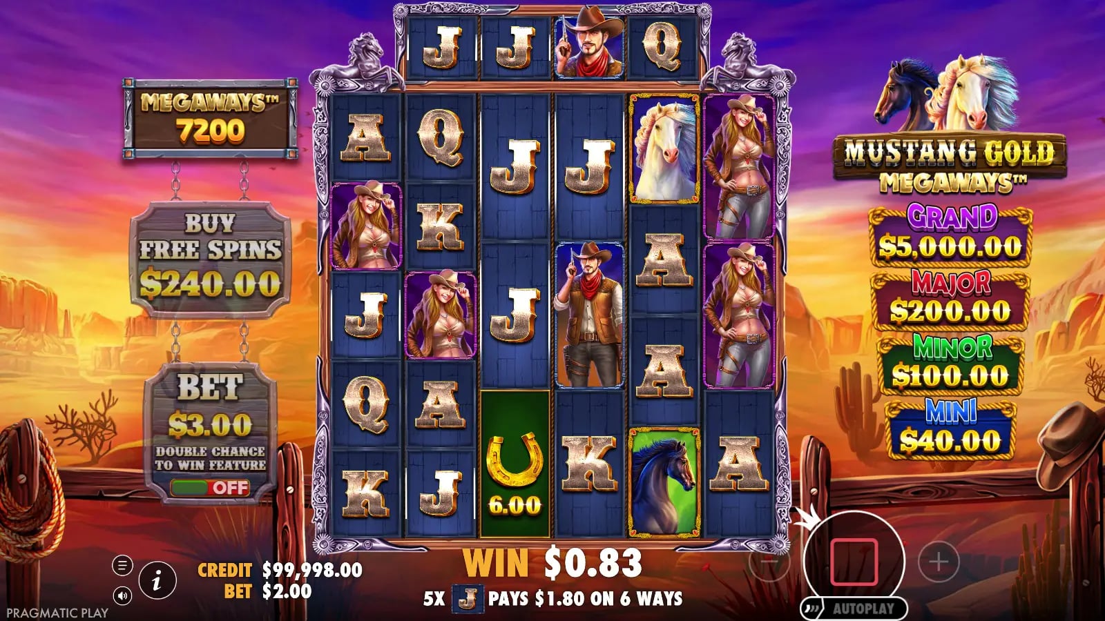 Mustang Gold Megaways ordinary 7,200-ways board with $2.00 virtual bet and visible jackpot panel.