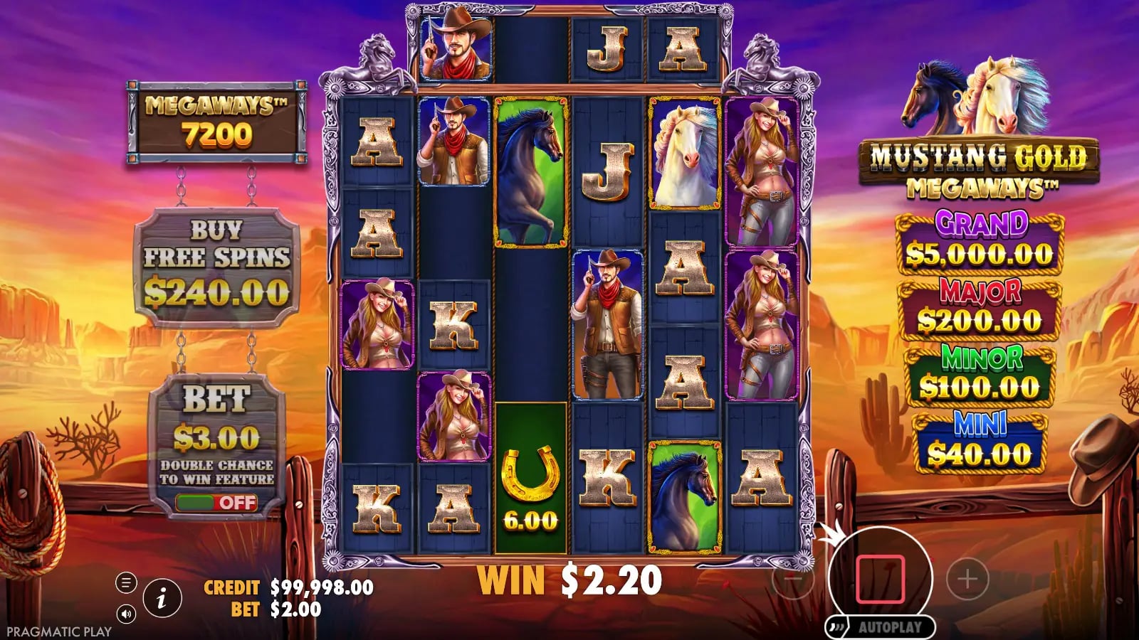 Mustang Gold Megaways changed ordinary reel board with WIN $2.20 and a $6 horseshoe symbol.