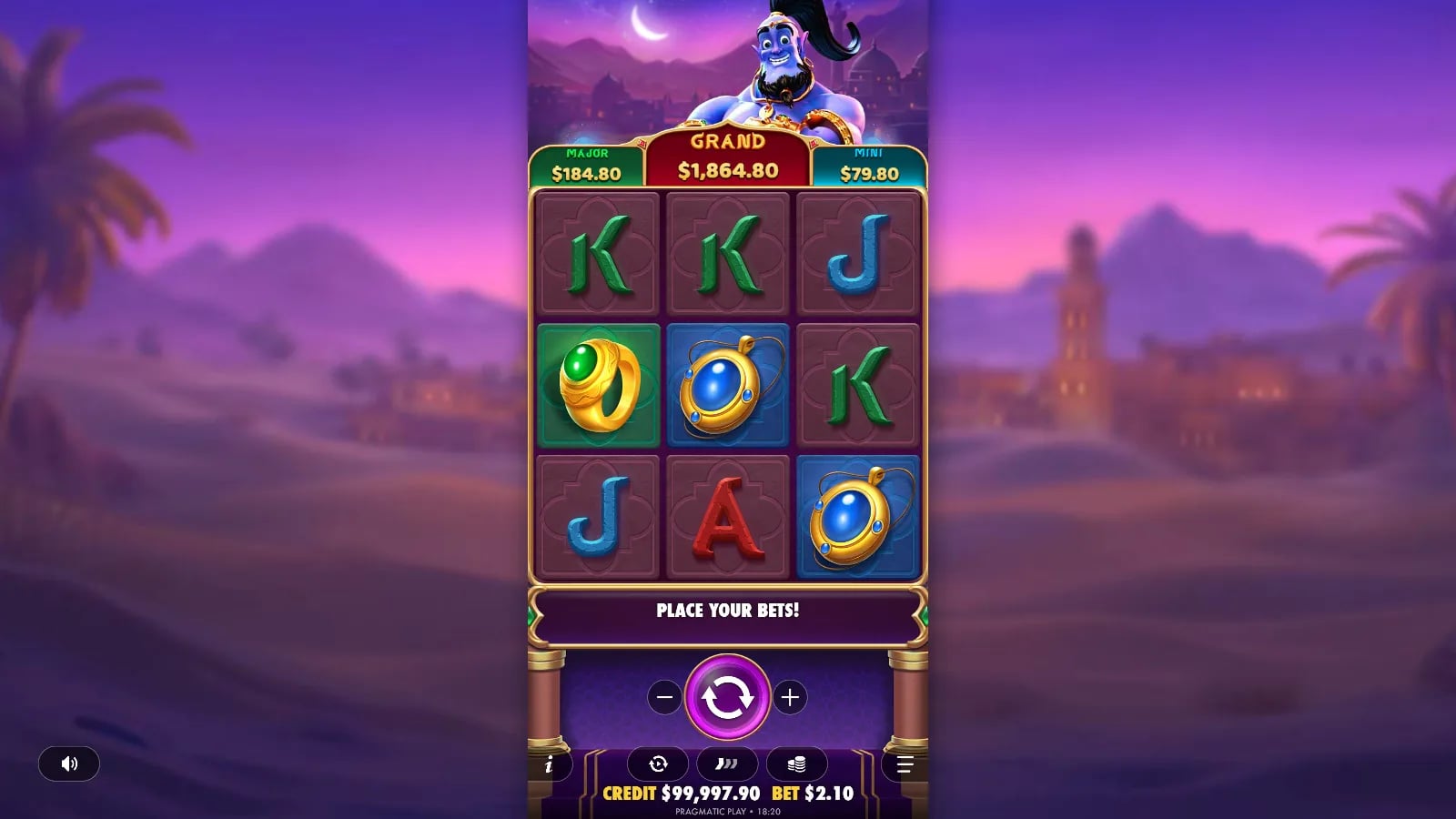 Mystic Wishes playable three-reel grid showing symbols, seven paylines and player controls