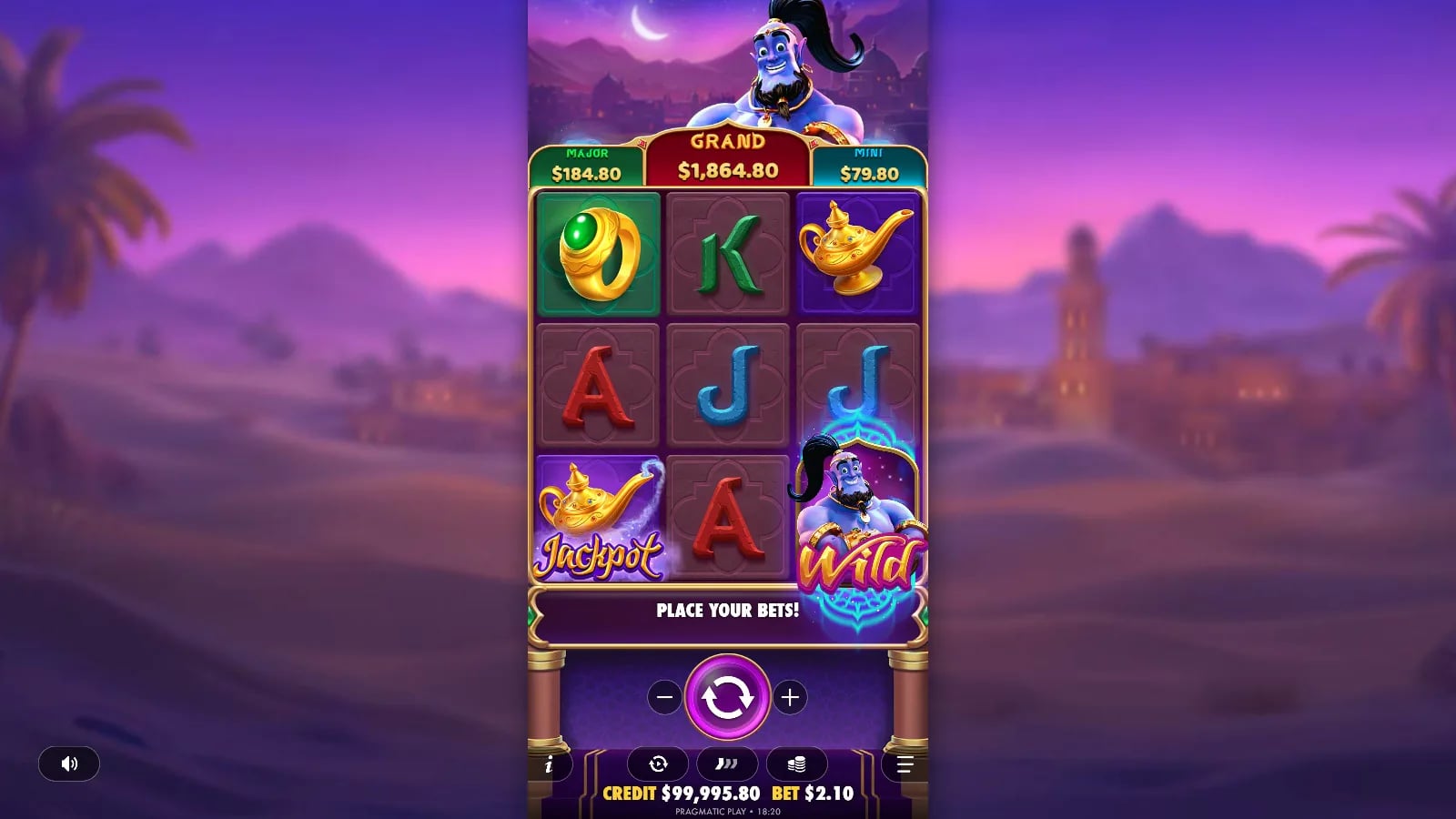 Mystic Wishes later official demo state with the complete reels and jackpot panel visible