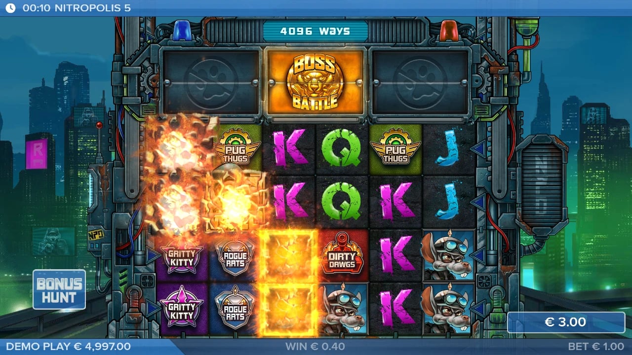 Nitropolis 5 reel board during a winning-symbol explosion