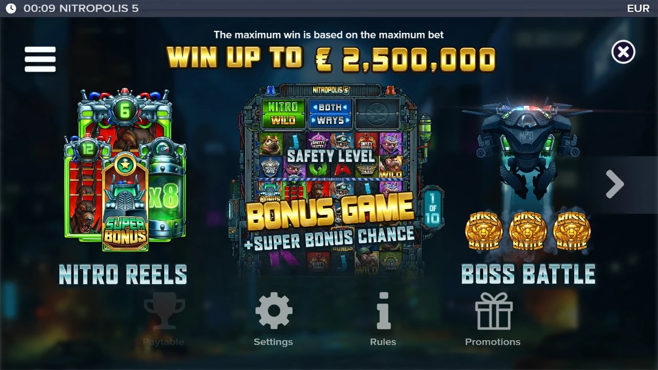 Nitropolis 5 illustrated overview of Nitro Reels, Bonus Game and Boss Battle