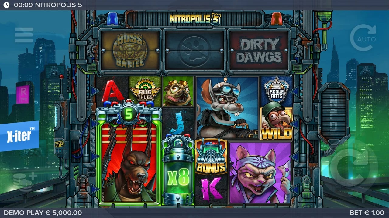 Nitropolis 5 board with Nitro Reels, a Nitro Multiplier and the three-part Nitro Booster