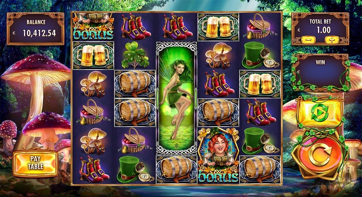 O Bryans Funland: Tall reel field with Bonus symbols, Rainbow imagery and an expanded character among the ordinary symbols.