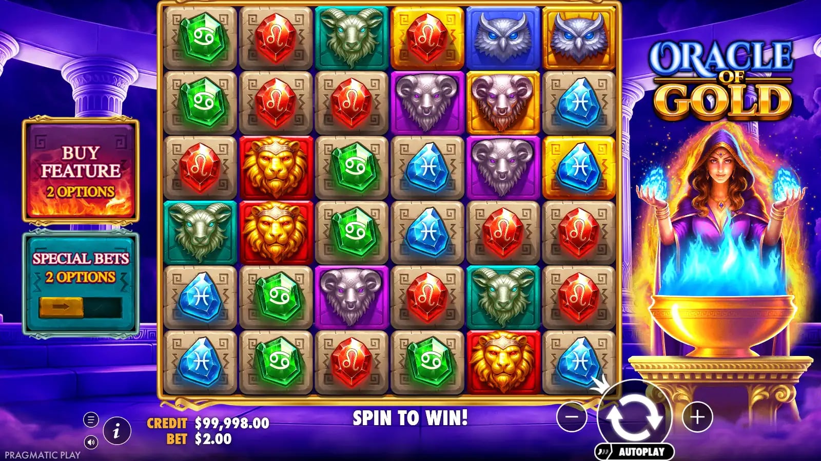 Oracle of Gold settled base spin with golden symbols and Wild multipliers visible