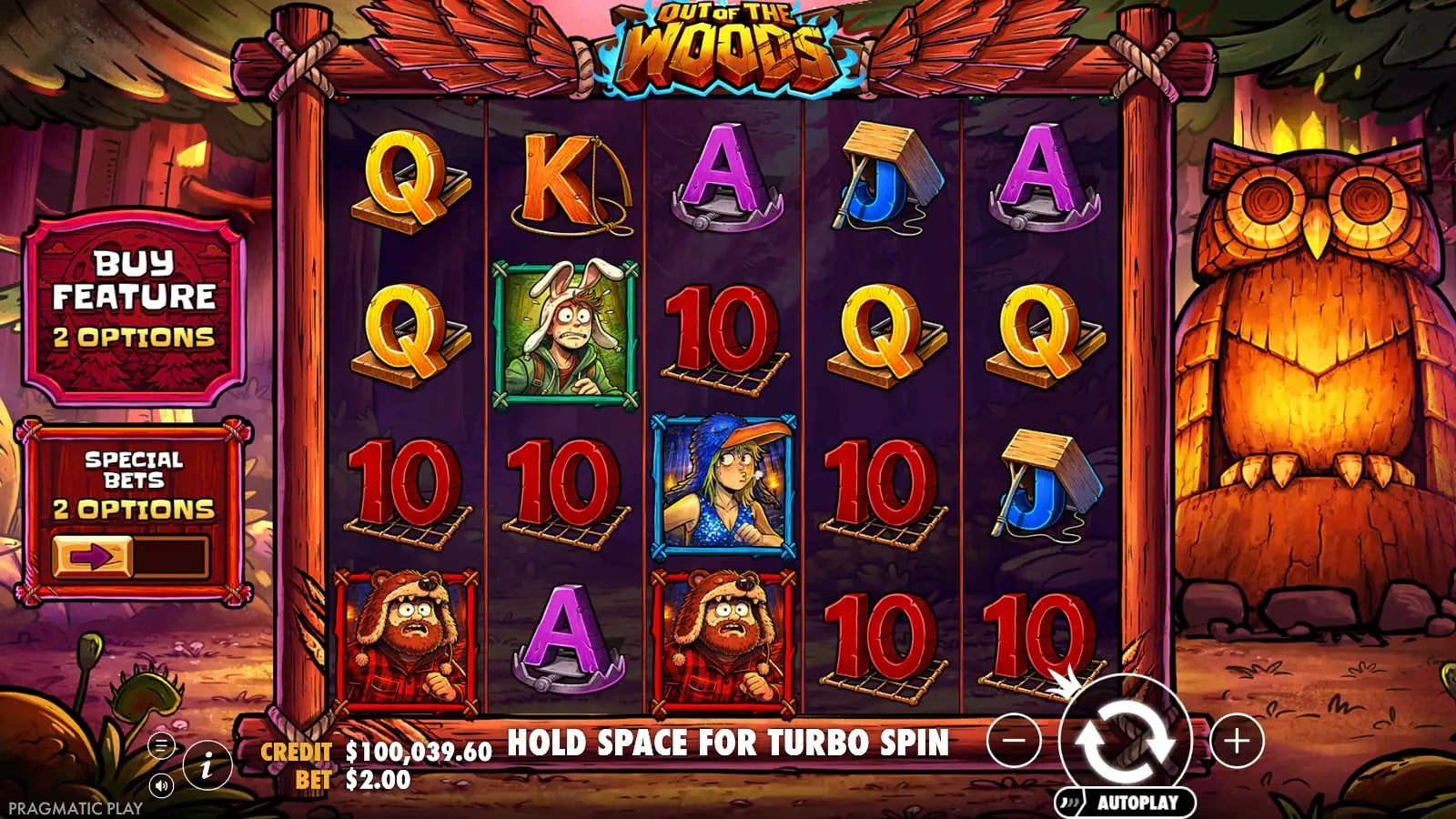 Out of the Woods official result showing symbols, Wild values, paylines and virtual-credit controls