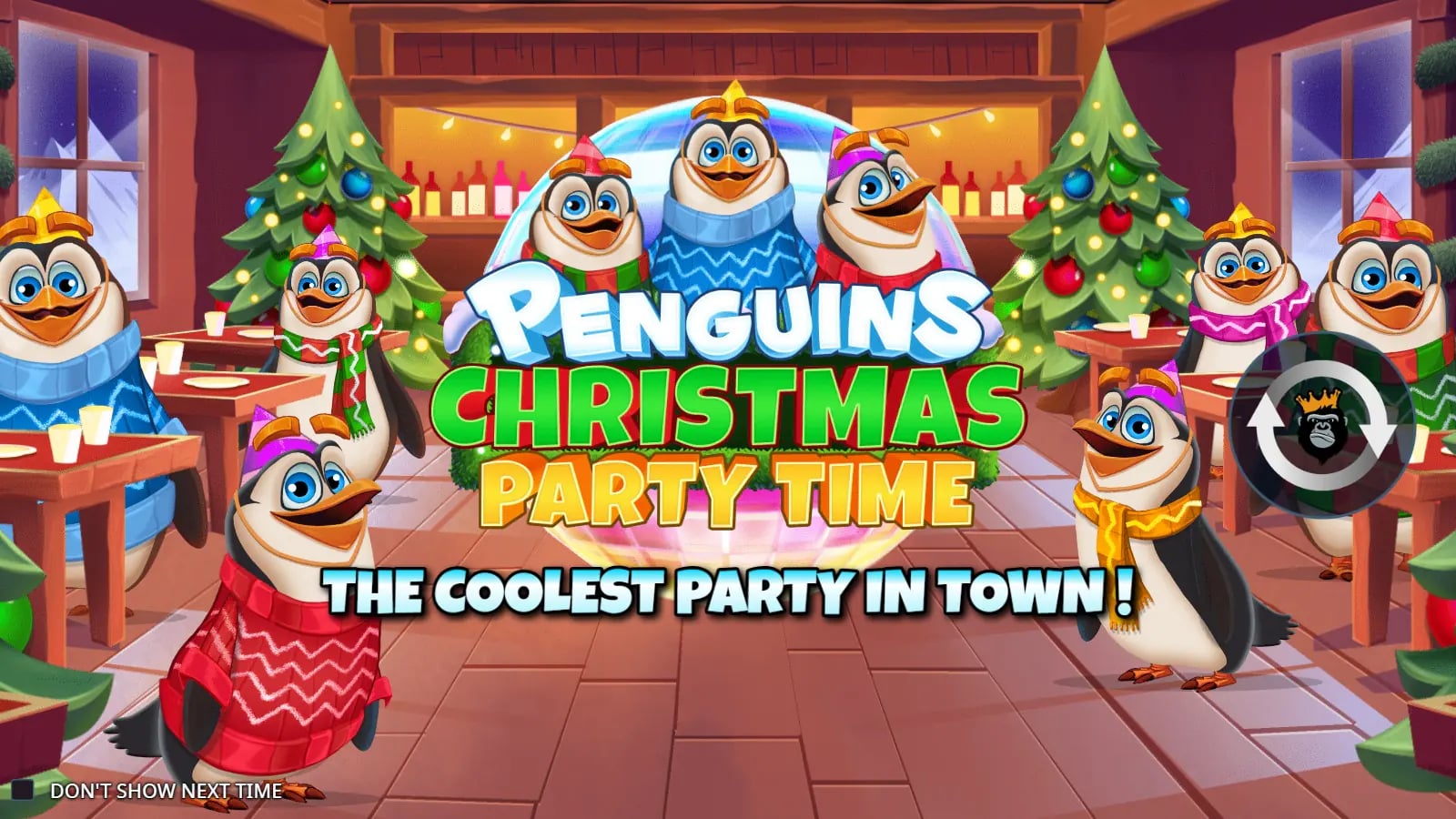 Penguins Christmas Party Time official demo title screen with penguins and Christmas trees, before reels appear.