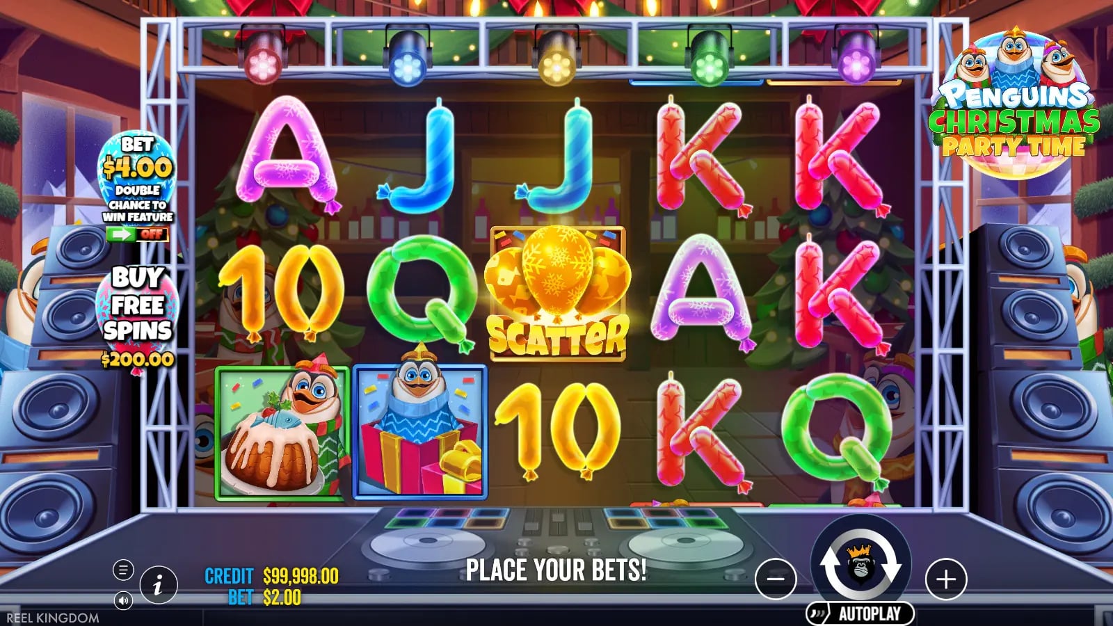 Penguins Christmas Party Time ordinary 5×3 demo board with one golden Scatter and a $2 virtual bet.
